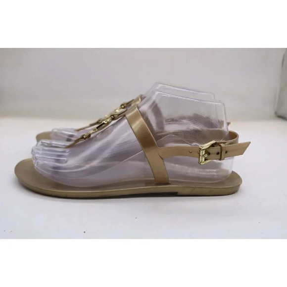 Michael Kors Womens Lillie Gold Size 7 MK Logo Plate Jelly Thong PVC Sandals - Picture 4 of 11
